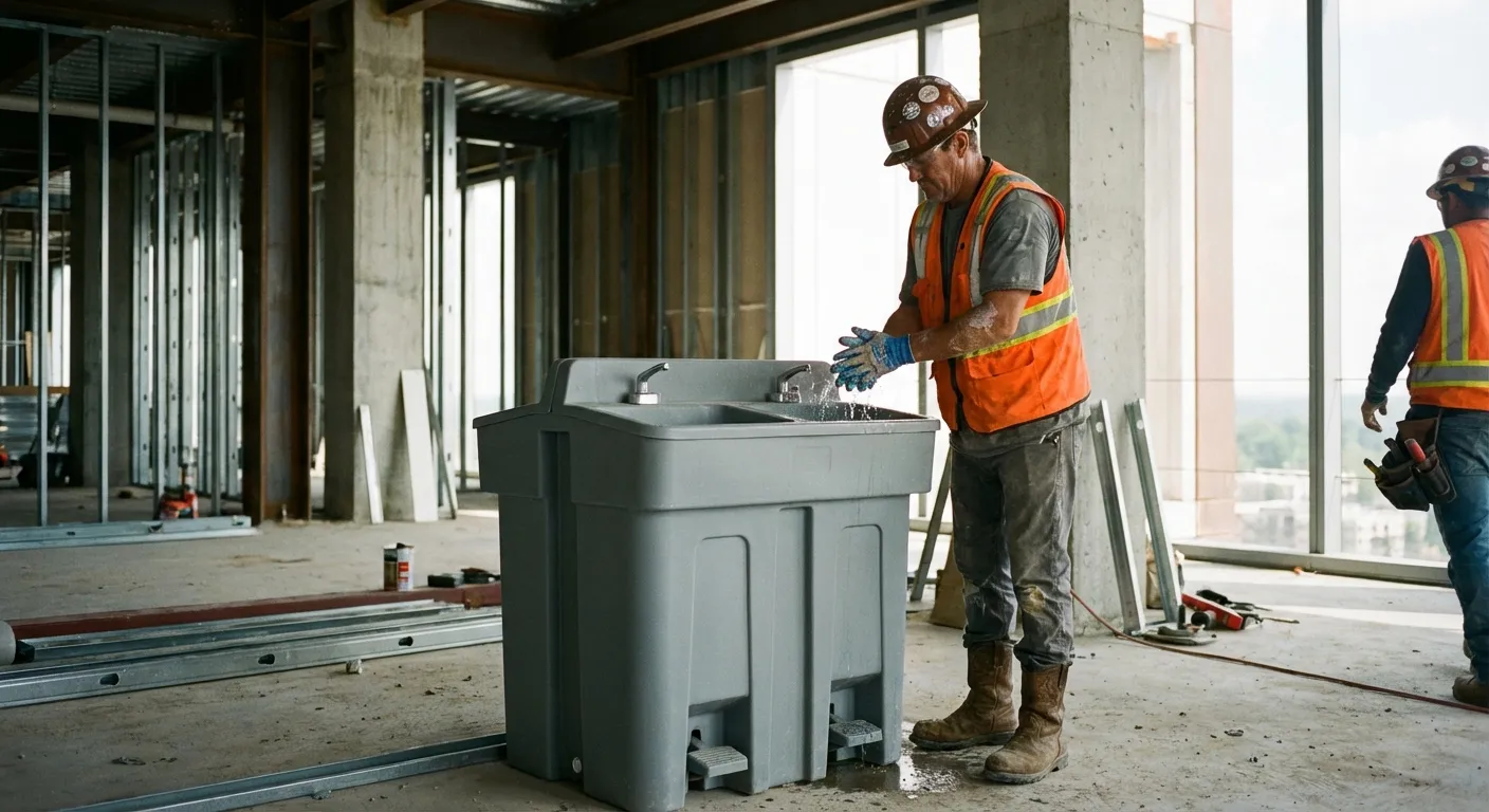 A dual-basin hand wash station positioned on a concrete floor of a high-rise construction site with the city skyline visible through open steel framing. in Philadelphia, PA
