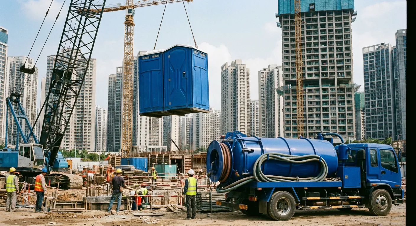 A High-Rise Crane Liftable Toilet unit suspended in mid-air by a crane against a city skyline during the day, showcasing the steel sling attachment. in Philadelphia, PA