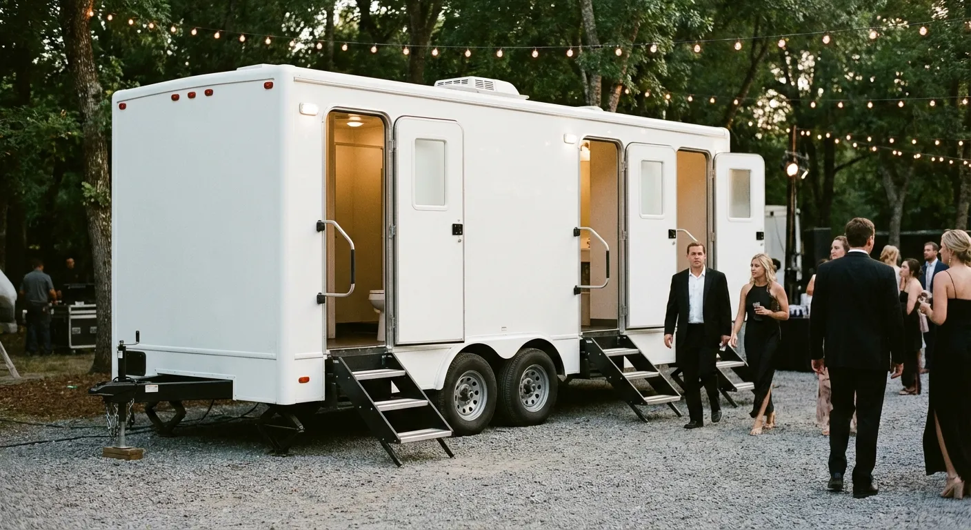 Exterior of a Luxury Restroom Trailer at an evening event, warm lighting spilling from the door, positioned discreetly near a manicured lawn. in Philadelphia, PA
