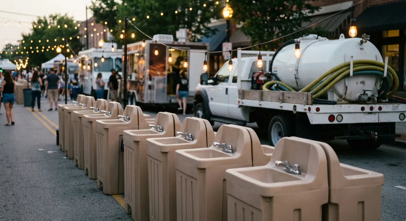 A row of clean, grey portable hand wash stations set up on pavement near food trucks, with blurred festival lights and crowd in the background. in Philadelphia, PA