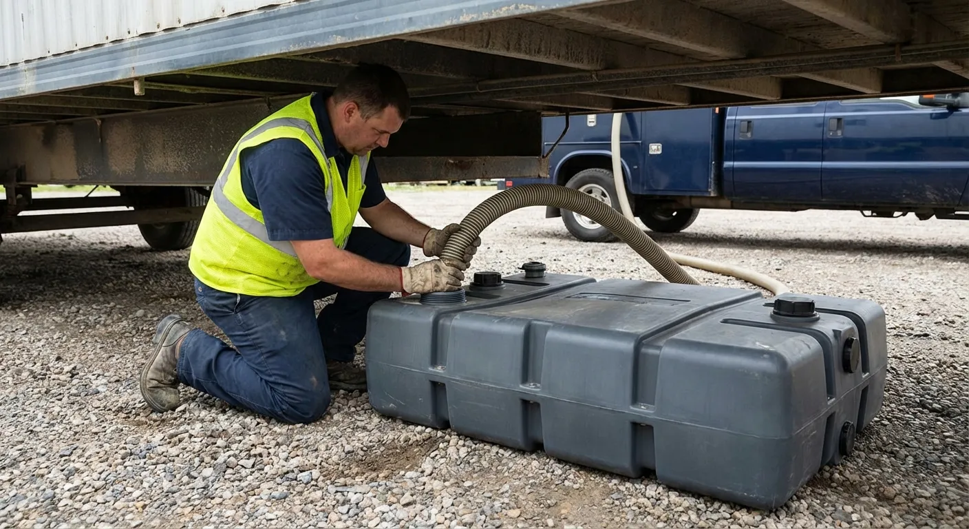 Keystone Portable Toilets vacuum truck servicing a waste holding tank at a construction site in Philadelphia, PA