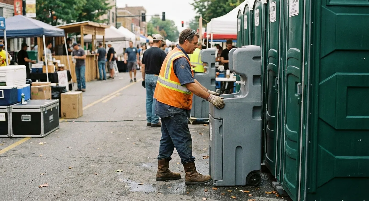 A row of pristine Special Event Portable Restrooms and hand wash stations lined up along a festival barrier with blurred crowds in the background. in Philadelphia, PA