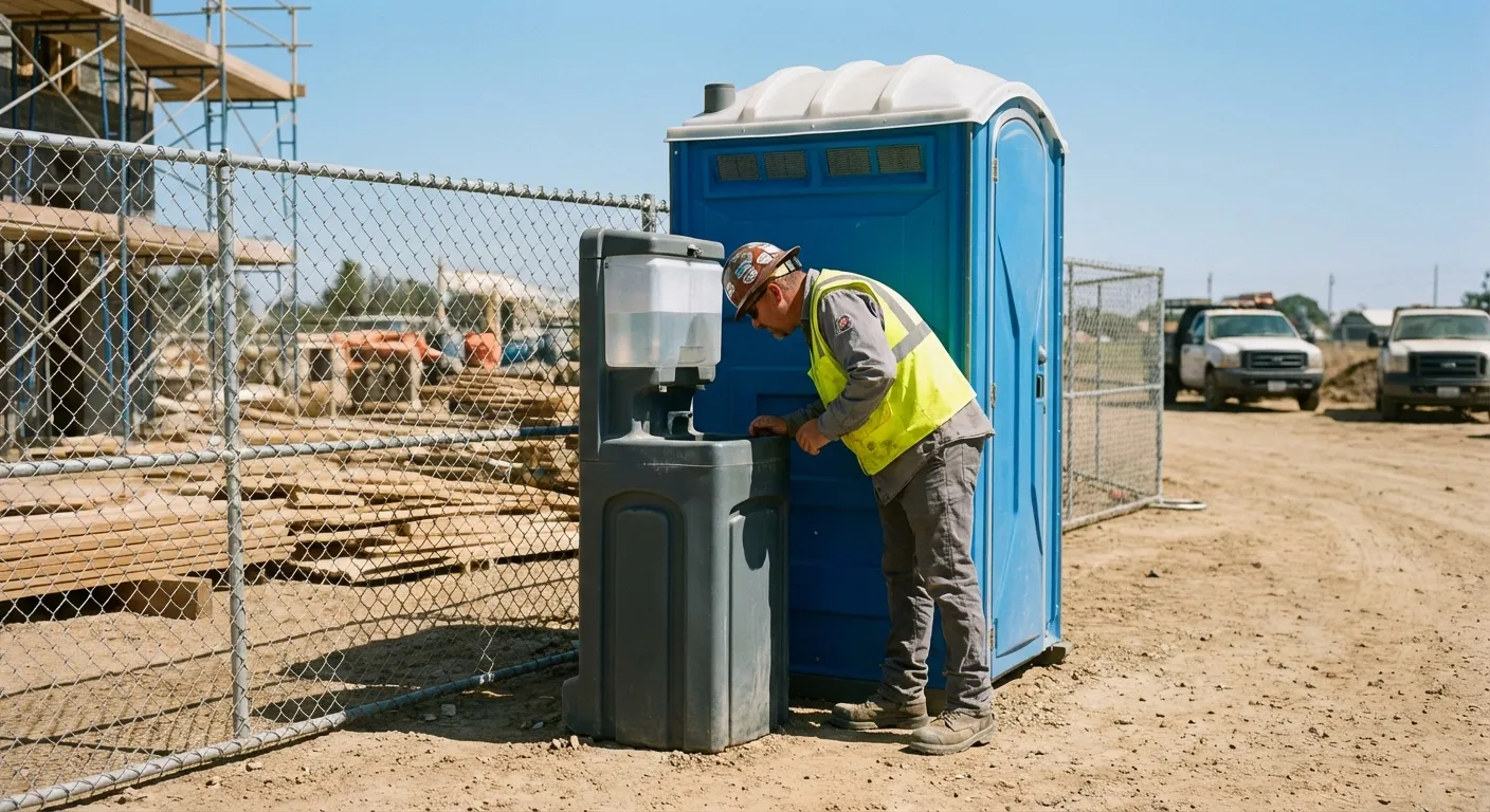 A close-up view of a portable hand wash station next to a portable toilet on a dirt construction site, focusing on the foot pump mechanism. in Philadelphia, PA