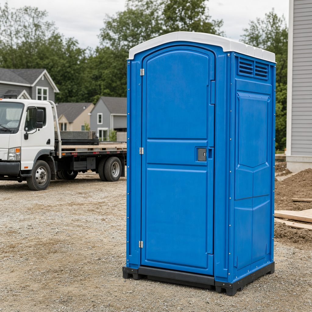Delivery driver positioning a clean royal-blue portable toilet on level ground at a Philadelphia worksite