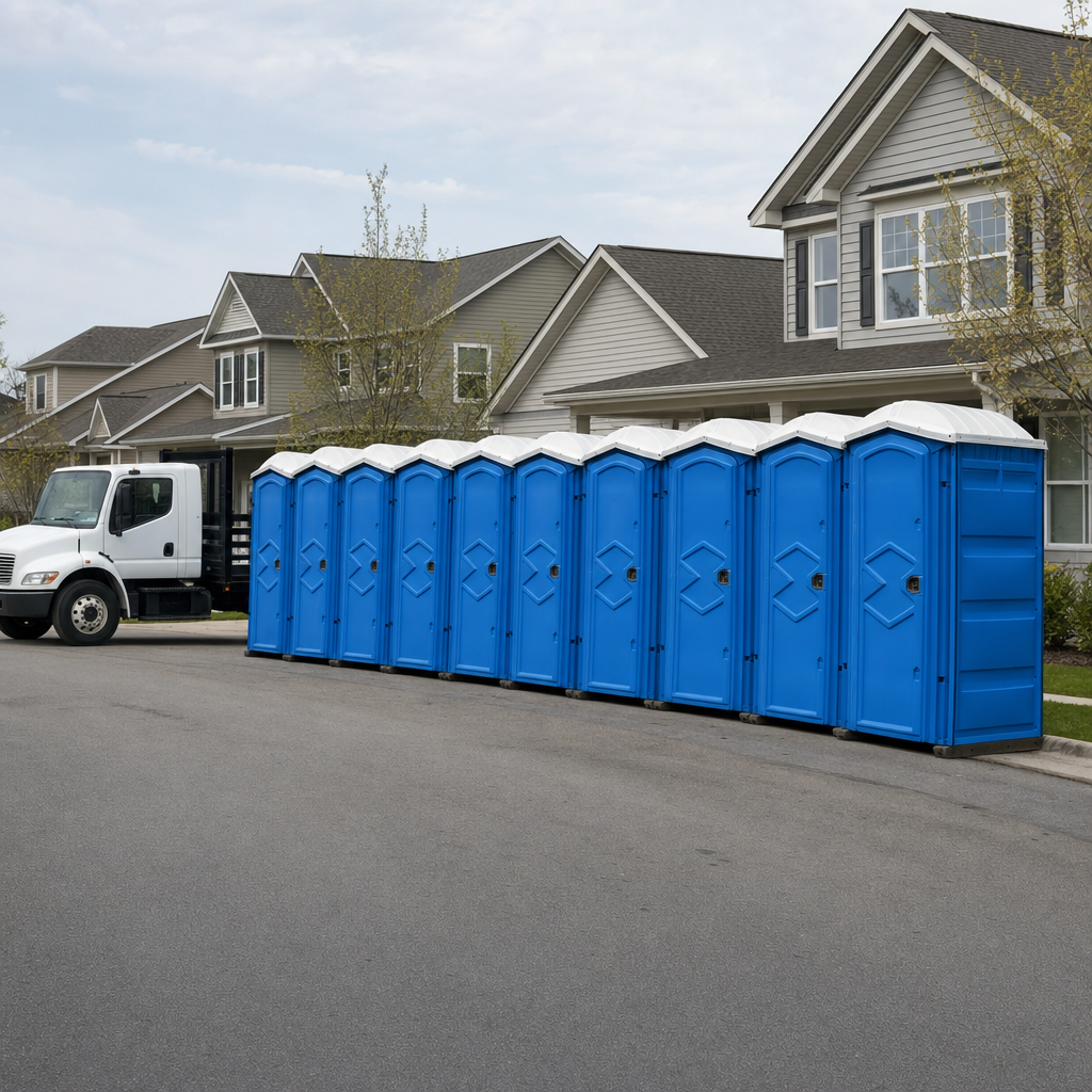 Royal blue portable toilets staged in a tidy row at a Philadelphia jobsite, ready for delivery